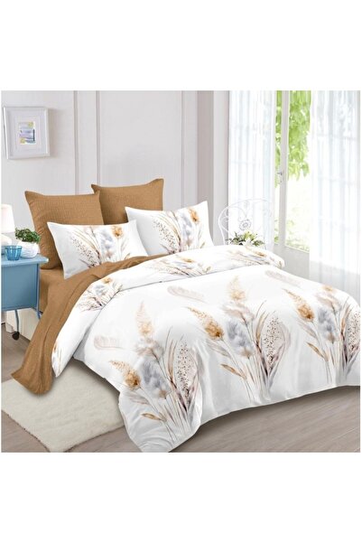 OEM Lenjerie Pat Dublu, Imprimeu Flori Lagurus, Reversibil, 6 piese, 2 persoane, 180x200cm, Finet, Bej N