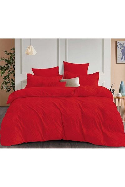 Pucioasa Lenjerie de pat dublă, catifea Jacquard Grofat Lux M4, Pucioasa, 6 piese, 2 persoane, Uni, 245x250cm, Roșu