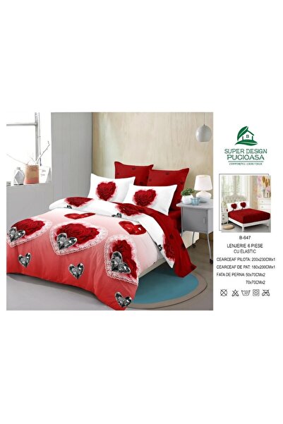 OEM Double bed linen, heart, reversible, 6 pieces, two people, 180x200cm, Finet, white-red