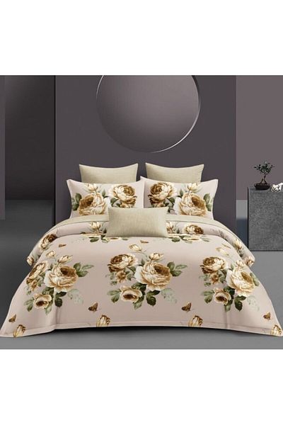 OEM Bed Linen, Satin Cotton, 4 Pieces, 2 People, Peony Print, 180x200cm, Beige Shades