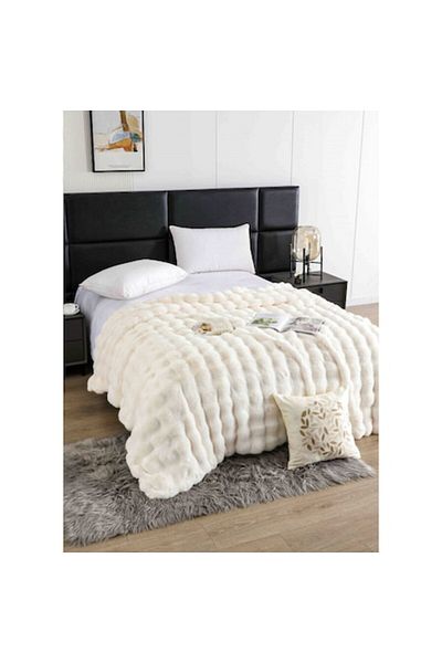 JOJO HOME Patura Model Lux, Blana Artificiala Iepure, cu Fermoar, 200x230cm, Uni, Ivoire