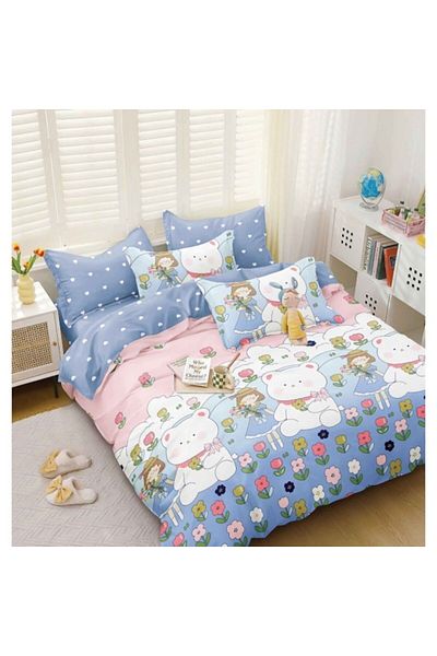 OEM Double Bedding Set, Satin Cotton, 4 Pieces, 2 People, 240x250cm, Bear Print, Multicolor