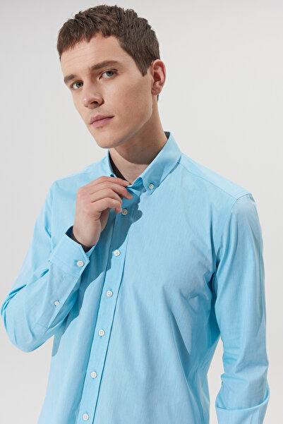 AC&Co / Altınyıldız Classics Men's Turquoise Slim Fit Slim Fit Buttoned Collar 100% Cotton Patterned Shirt