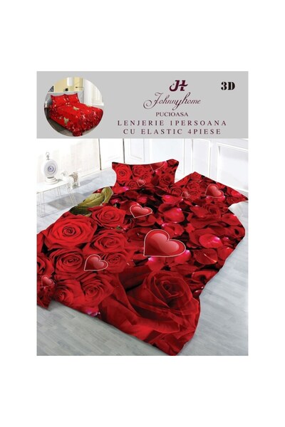 OEM Bed Linen Set, Finet, 3D Printed, 4 Pieces, Single, 155x200cm, Roses, Red