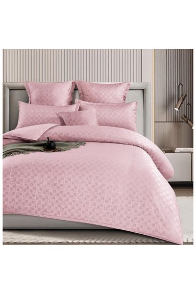 OEM Double Bed Set, Checkered Model, Finet, 6 Pieces, 2 People, 180x200cm, Powder Pink