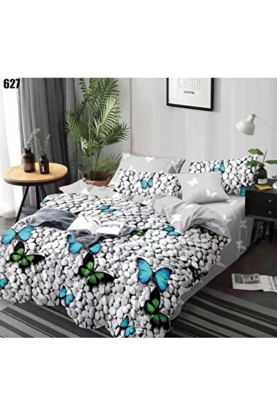 OEM Double bed linen set, stones and butterflies, 4 pieces, 160x210cm, fine satin, dark grey