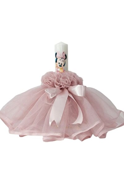 OEM Свещ за кръщене за момичета, тюл, Мини Маус, 30x5 см, пудрово розово