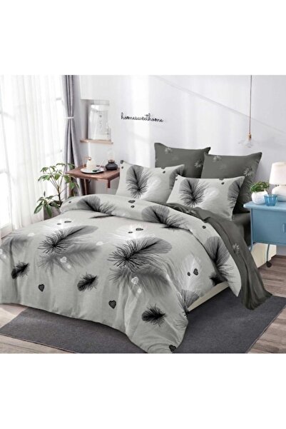 OEM Set lenjerie de pat dublu, imprimeu cu pene, reversibil, 6 piese, 180x200...