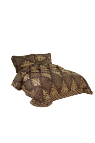 OEM Double Bedspread and 2 Pillowcases, Satin, 3 Pieces, 250x250cm, Brown-Gold
