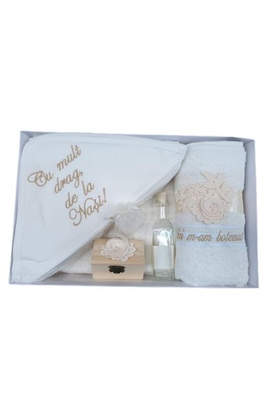 OEM Trusou pentru botez, 'Cu mult drag de la Nasi', 7 piese, Auriu M2