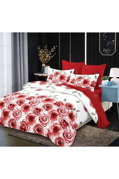 OEM Lenjerie de pat, Finet, 6 piese, 2 persoane, Imprimeu Trandafiri 3D, 230x250cm, Multicolor