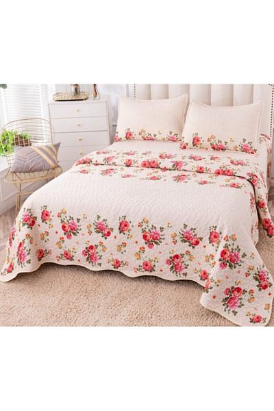 OEM Cuvertura de pat, Bumbac si IN, 3 piese, 2 persoane, 230x250cm, Imprimeu Trandafiri, Multicolor