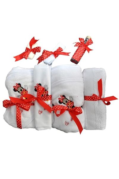 OEM Trusou Botez Premium, 7 piese, Minnie Mouse, Brodat, Alb-Rosu
