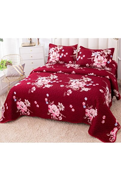 OEM Cuvertura de pat, Bumbac si IN, Imprimeu Floral, 3 piese, 2 persoane, 230x250cm, Bordo-Alb
