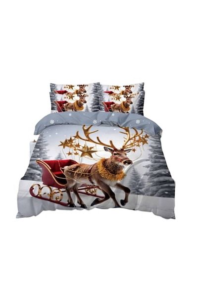 OEM Lenjerie de pat, Finet, Imprimeu Festiv Craciun, Comet, 6 piese, 2 persoane, 240x250cm, Multicolor