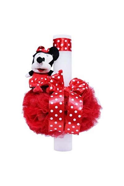 OEM Λαμπάδα Βάπτισης, Τούλι και Πελούς, Minnie Mouse, 35x5εκ., Κόκκινη