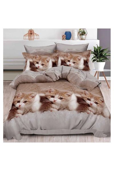 OEM Double Bed Linen Set, 6 Pieces, Finet, 3D Cat Print, 2 Persons, 240x250cm, Beige Shades