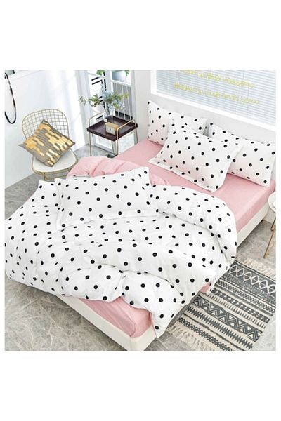 OEM Lenjerie de pat dublă, bumbac satinat, 4 piese, 2 persoane, 240x250cm, imprimeu cu buline, alb-negru