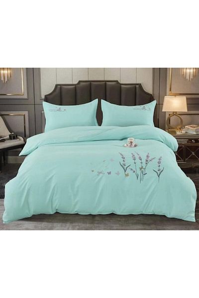 OEM Double Bed Embroidered Bedding Set, Finet, Uni, 4 Pieces, 245x250cm, Duck Egg Green