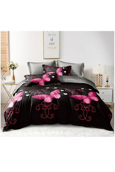 OEM Lenjerie de pat dublu, 6 piese, 2 persoane, 180x200 cm, imprimeu fluturi roz, multicolor