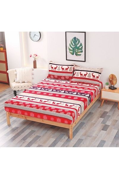 OEM Bed Sheet Set Cocolino with Festive Christmas Print, Reindeer, 3 Pieces, 2 Persons, 180x200cm, Multi