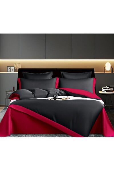 Talo Lenjerie de pat Talo, Bicolor, Imitatie Matase, 2 persoane, 6 piese, 230x245cm, Negru-Rosu