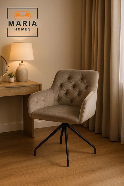 MARIA HOMES كرسي دوار مبطن بالمخمل - بيج مع مسند ظهر مبطن