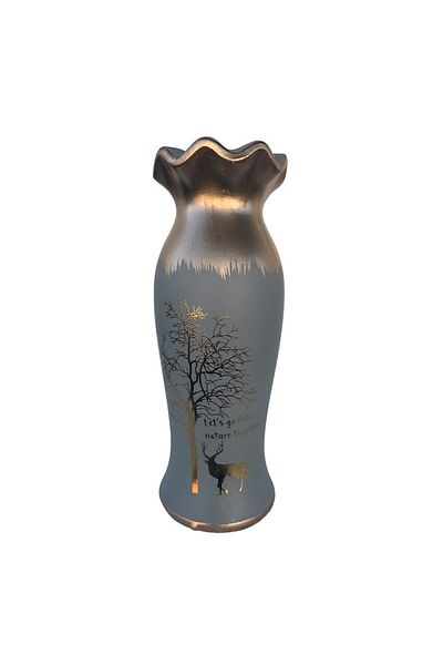 OEM Ceramic Vase, Bulged Bottom and Narrow Neck, Deer and Tree Design, Gray, 11x30 cm
