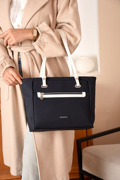 Just Polo Women's Large Size Water Resistant Lacoste Fabric 3 Compartment Navy Blue White Hand and Shoulder Bag Pbu2170