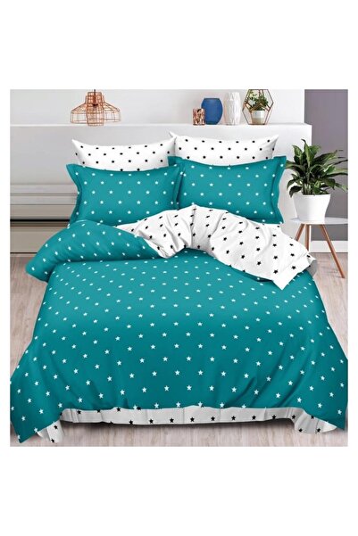 OEM Double Bed Linen with Two Faces, Stars, 6 Pieces, 180x200cm, Finet Satin, White-Turquoise