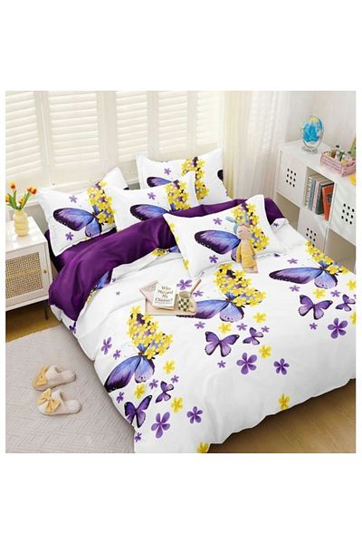 OEM Double Bed Sheet, Satin Cotton, 4 Pieces, 2 Persons, 240x250cm, Butterfly Print, Multicolor