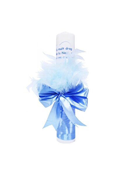 OEM Lumânare Botez, Panglică de Satin, Pene și Mesaj de la Nași, 30x5cm, Albastră