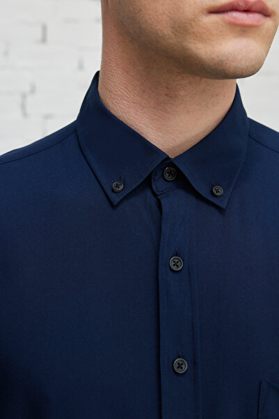 AC&Co / Altınyıldız Classics Ανδρικό πουκάμισο με κοντό μανίκι μπλέ Navy Slim Fit Slim Fit με γιακά με κουμπιά