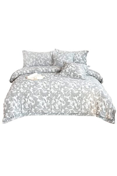 OEM Luxury Bedding Set, Cotton and Linen, 3D Leaves Pattern, 6 Pieces, 2 Persons, Light Gray