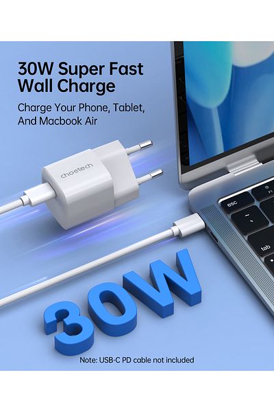 CHOETECH Încărcător de perete GaN USB-C PD 30W, alb