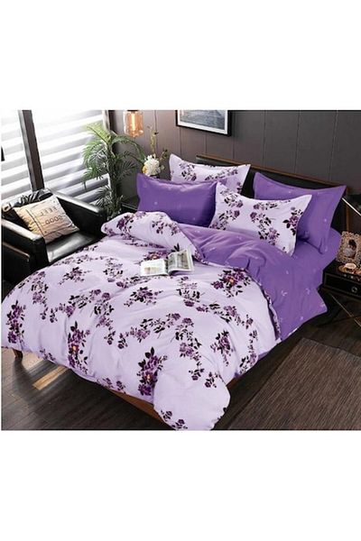 Pucioasa Lenjerie de pat dublă, Pucioasa, Finet, 6 piese, Mov Flowers, 245x250cm, Violet-Liliac