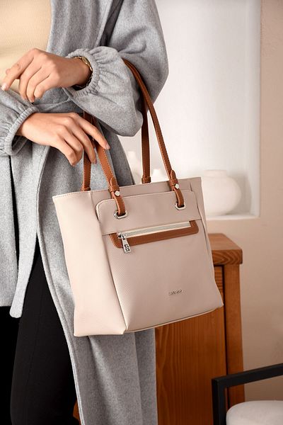 Just Polo Women's Large Size Water Resistant Lakoste Fabric 3 Compartment Cream Tan Hand and Shoulder Bag Pbu2170