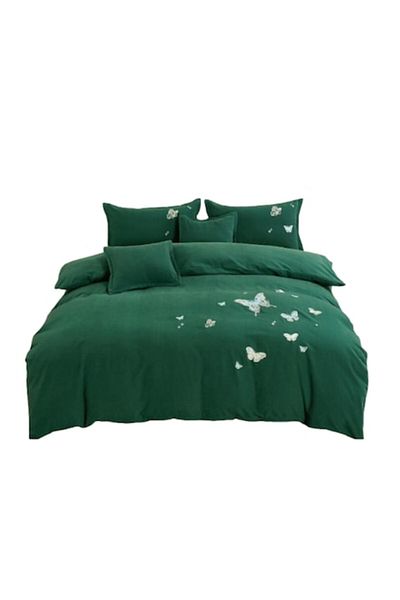 OEM Double bed linen set, elastic, 180x200 cm, butterfly print, bottle green