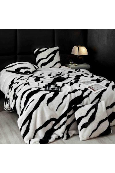 JOJO HOME Luxury Blanket and Pillowcases Set, Faux Mink Fur, 3 Pieces, 200x230cm, Black-Ivory