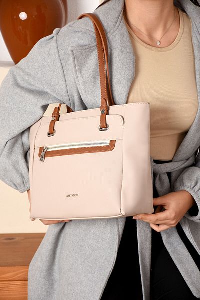 Just Polo Women's Large Size Water Resistant Lakoste Fabric 3 Compartment Cream Tan Hand and Shoulder Bag Pbu2170