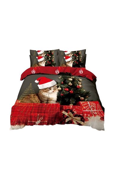 OEM Lenjerie de pat, Finet, Imprimeu Festiv Craciun, Pisicuta, 6 piese, 2 persoane, 240x250cm, Multicolo