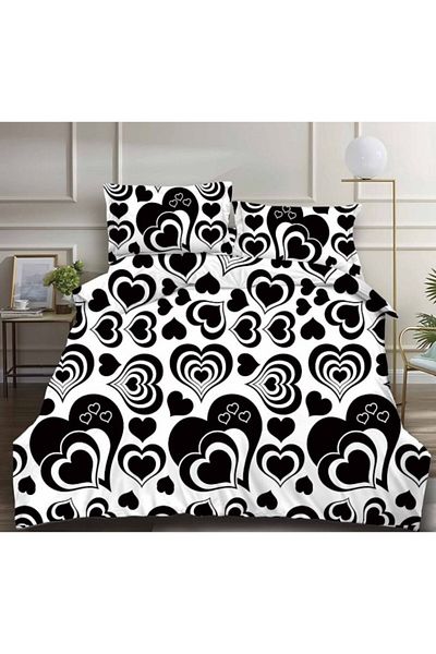 OEM Double Bed Linen Set, 3D Print Hearts, 4 Pieces, 240x250cm, Satin Cotton, Black-White