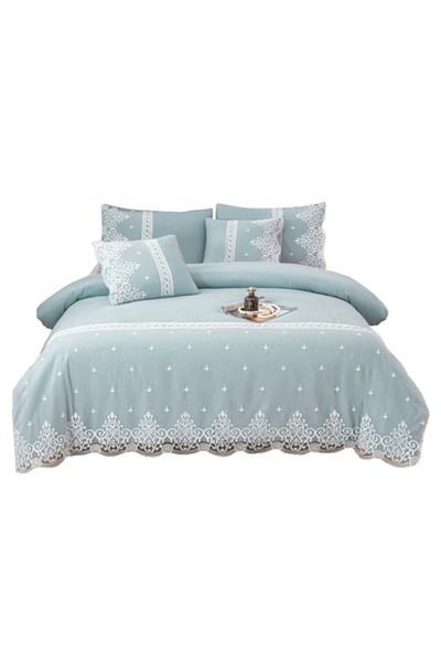 OEM Set de lenjerie de pat elegant, dantelă premium din bumbac, 6 piese, pat dublu, 180x200cm, bicolor, alb-albastru cer