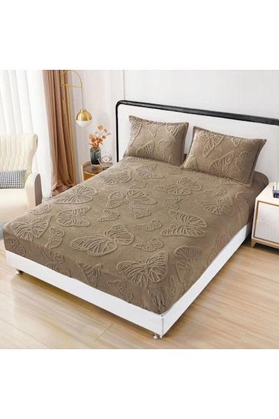 OEM Husa de pat cocolino 180x200 cm, 2 fete de perna, 2 persoane imprimeu fluturi maro-deschis
