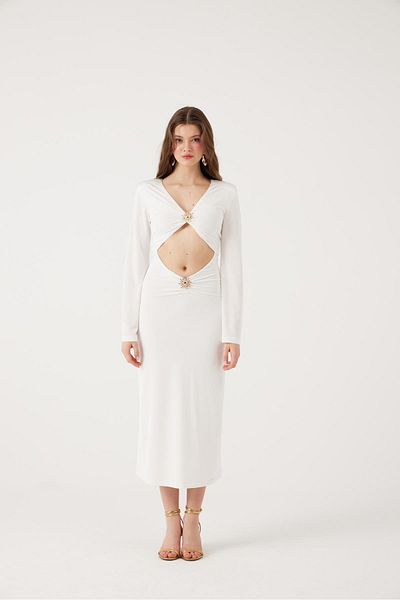 HOLLY LOLLY Long Sunlit Dress with V Neck Accessory White