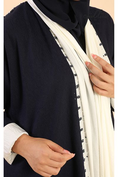 Stylish Special wrap abaya in navy and off-white with delicate embroidery