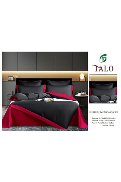 Talo Lenjerie de pat Talo, Bicolor, Imitatie Matase, 2 persoane, 6 piese, 230x245cm, Negru-Rosu