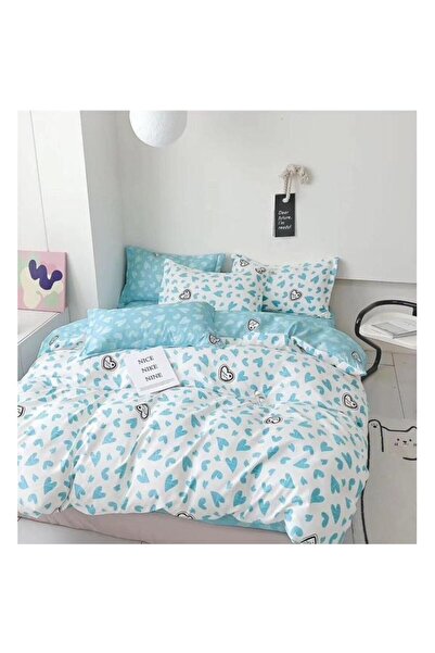 OEM Double bed sheet set, heart print, 2 persons, 240x250cm, finet, white-turquoise
