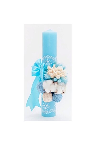 OEM Lumânare de botez, flori uscate și bumbac, 35x5cm, albastru deschis-alb