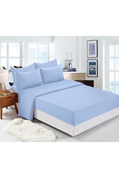 OEM Lenjerie de pat, 6 piese, 2 persoane, 180x200cm, Damasc Finetat, Uni, Albastru Deschis